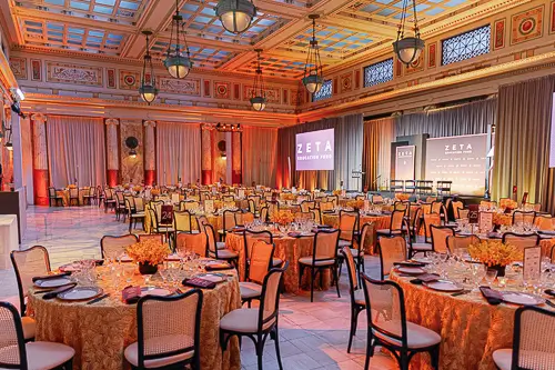 Guest seating and table details inside Union Station for a Washington DC corporate gala