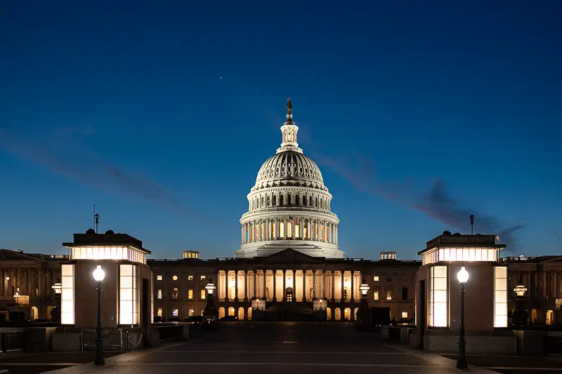 United States Capitol Building illuminated at twilight, captured by a Washington DC event photographer.