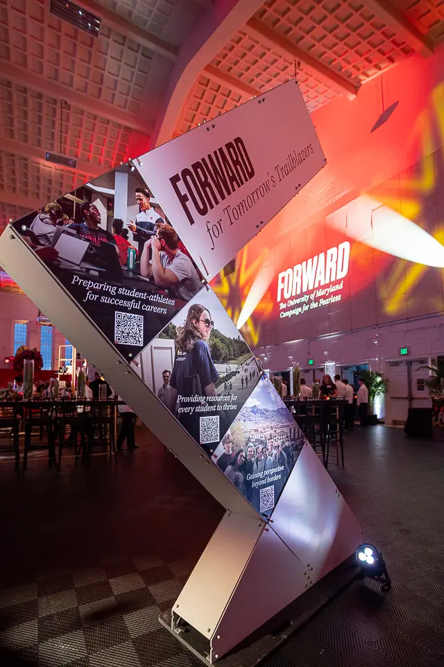 University of Maryland Forward future communities signage display with portrait panels and QR code inside the reception venue.